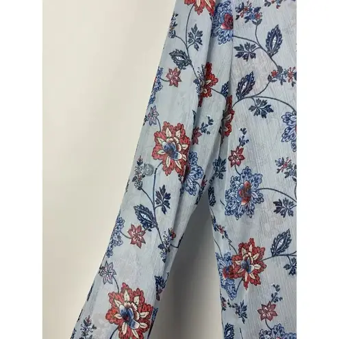 Kut From The Kloth  Baby Blue Floral Long Roll Tab Button Up Sheer Blouse Size S