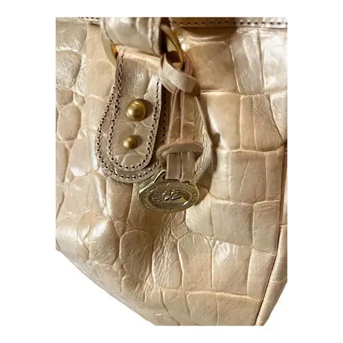 Brahmin Croc Embossed Leather Satchel Dual Handle Zipper Closure Cream Handbag