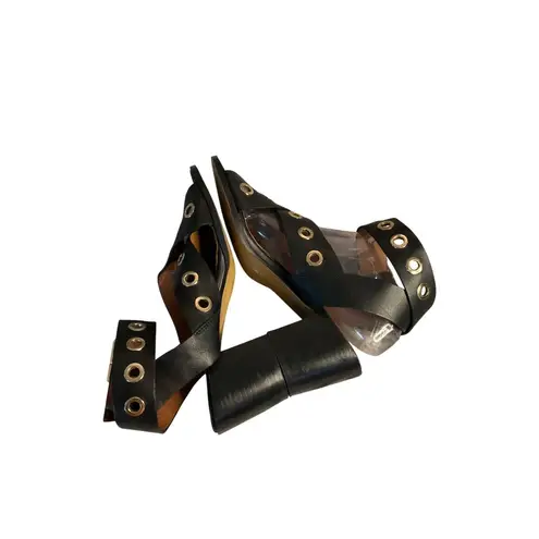 River Island ASOS Black Leather Heeled Sandals Gold Eyelet Detail Size 40 US 9