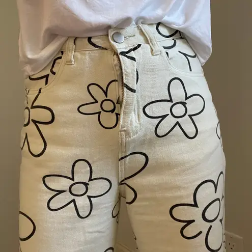 Bailey Rose Floral Print Jeans Small White Denim Flower Wide Leg Retro Eclectic Black Size 26