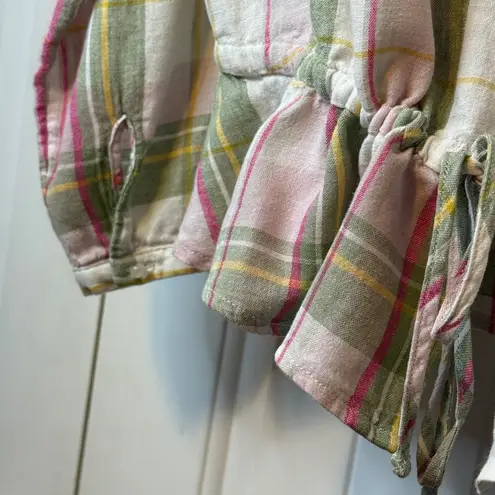 Time & Tru Plaid Button Up Top Long Sleeve Peplum Cinched Waist Bohemian Style # Pink Size 16