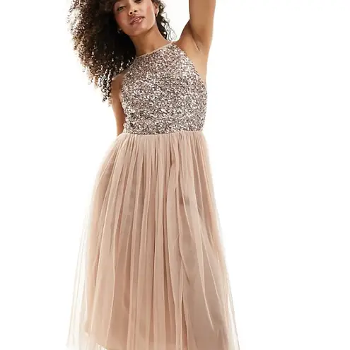 Maya Deluxe ASOS Pink Sequin Bodice Tulle Midi Dress 12 NWT Formal Wedding Party