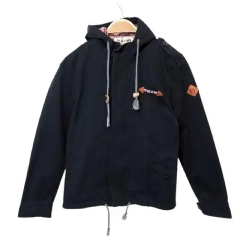 Sundipy Asian Fashion Dark Navy Blue Zip Up Hooded Colorful Woven Bomber Jacket Size L