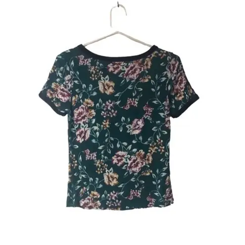 Ultra Flirt Womens Juniors Floral Printed Velvet Trim Ringer Top Green Small