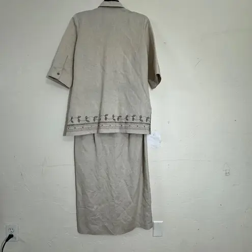 Laura Scott Linen Blend Button Down Shirt Midi Skirt Set Beige Embroidered Sz 12