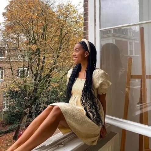 Hill House Dress Athena Nap Babydoll Smocked Mini Bridgerton Gold Brocade S GUC