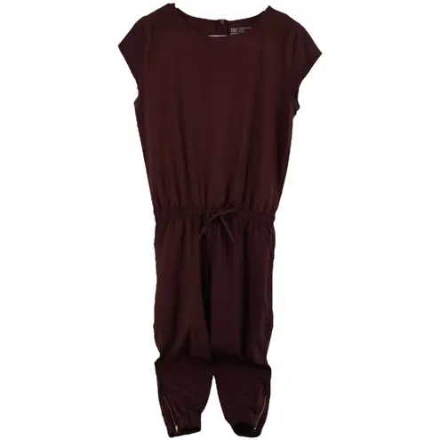 ALBION FIT Albion Jetsetter Jumpsuit Cap Sleeve Tie Waist Tapered Leg Zipper Hem Maroon M