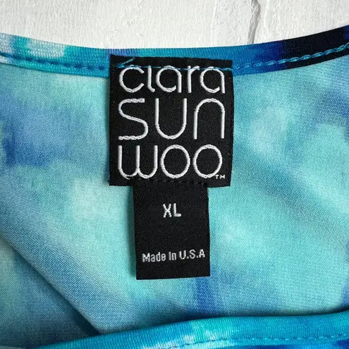 Clara Sun Woo Tunic Top Womens XL Blue Handkerchief Hem Cut Out Printed Artsy