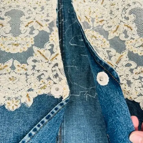 Vintage Berek 2 Takako Sakon Jean Jacket Womens Small Blue Lace Bead Trim Cotton