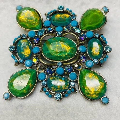 Statement Brooch Pin Greens Blues Clear Iridescent Stones Silver Tone Metal