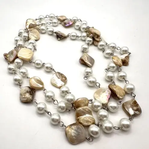 Vintage Long Pearl Necklace and Shell Pearl 53”Double Classic White