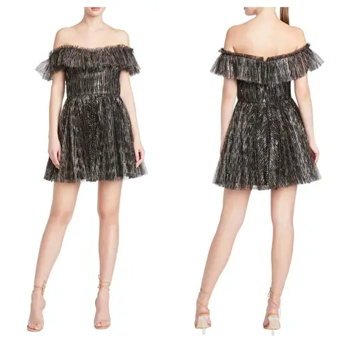 Monique Lhuillier ML Off-The-Shoulder Mini Dress Size 4 Glitter Tulle Cocktail