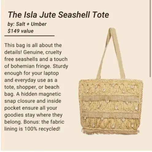 Salt + Umber Boho Isla Jute Seashell Beach Tote Bag New with tags! Tan