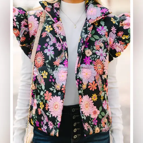&merci &merci Cropped Floral High Neck Flutter Sleeve Puffer Vest ~ Size Large 💛🍄