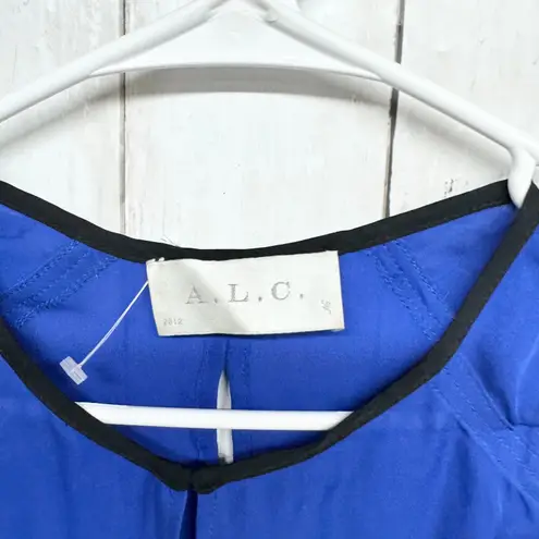 ALC Frank A.L.C. Shirt Women Size Small Blue Silk Sleeveless Tank Blouse Black Trim Detail