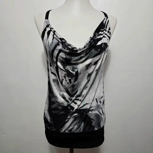 Topia Y2K Sleeveless Tank Top Cowl Neck Black White Abstract Print Rave Club Size L