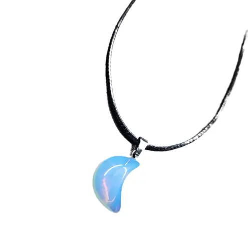 Hand Crafted Opalite Crescent Moon Pendant Corded Necklace Blue