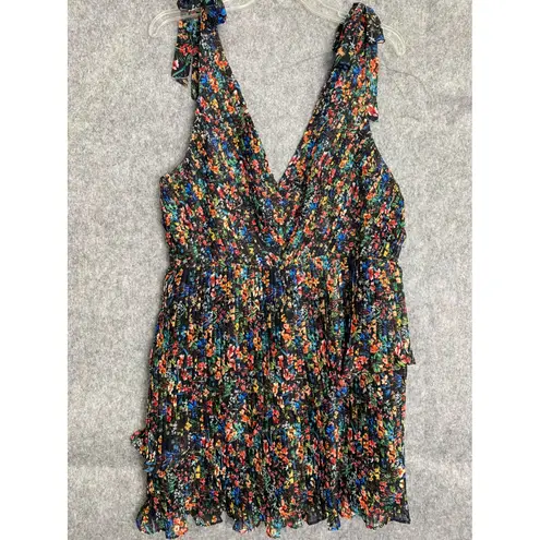 La Maison Talulah Floral Print Pleats Ruffle Chiffon Tiered Mini Dress Flirty XL Black