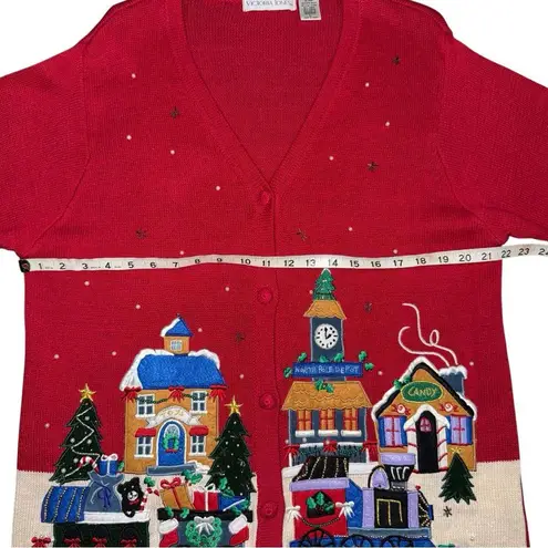 VTG 90s Victoria Jones Christmas Sweater Sz L Embroidered Cardigan Train Village Red Size L