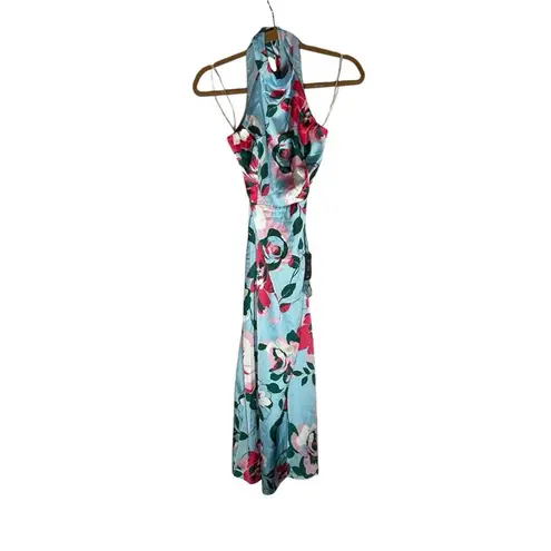 Lulus NWT  Charming Celebrations Light Blue Floral Halter Midi Dress Size XS