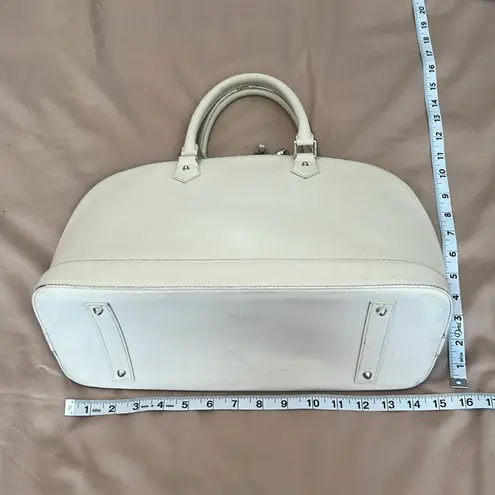 Pulcati white leather double zip double handle bowling bag style handbag GUC