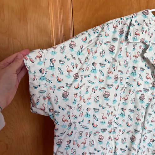 Duluth Trading Company XXL BBQ Flamingo Picnic Short Sleeve Button Up Shirt White