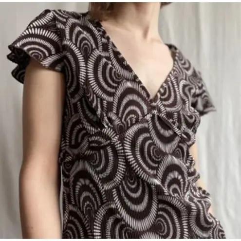 90s Vintage London Times Womens Swirl Print Vneck Flutter Sleeve Tie Dress sz 14 Brown