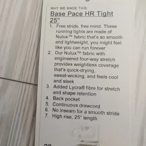 Lululemon base pace Hr tight 25" women's leggings gym running size 20
