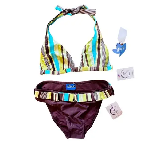 NWT Y2K Retro Buzois Brown White Blue Striped Halter Top Bikini Set Size Large