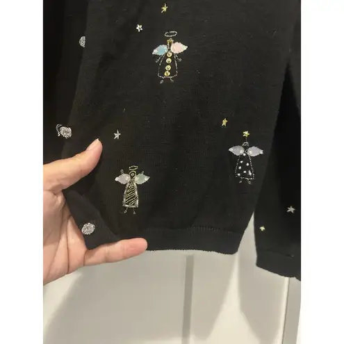 Susan Bristol VTG Embroidered Angel Black Cardigan Sweater Size Medium Christmas