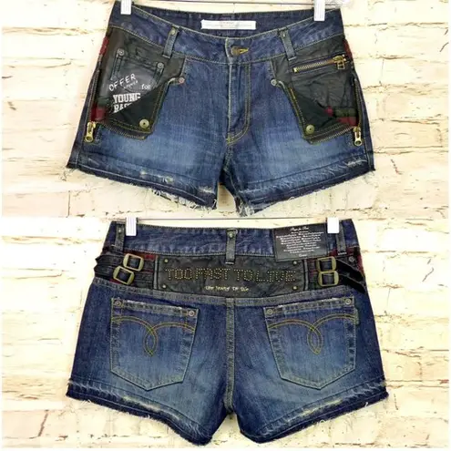 Connecters Japan Y2K VTG Womens Denim Shorts Leather Studs Sz M Punk Grunge RARE Size M