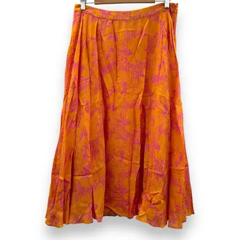 Tanya Taylor Jeana Floral Pleated Midi Skirt in Ikat Flower Orange Sz 12