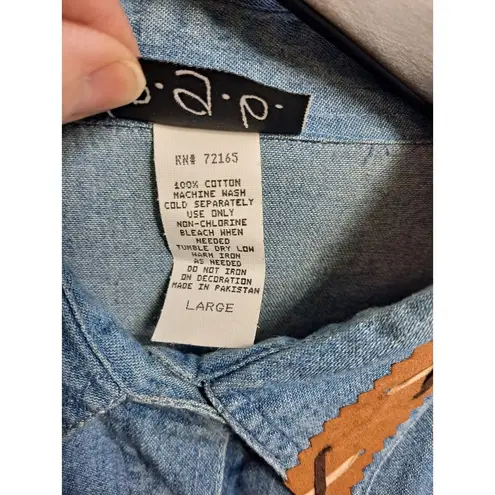 P.G.B. Western Denim Shirt Leather Fringe Lace Up Detail Large Blue