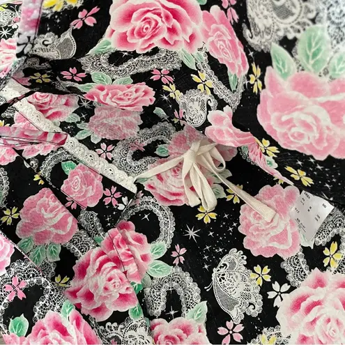 Japanese Floral Top wrap tie womens Black Pink (medium) maximalist streetwear