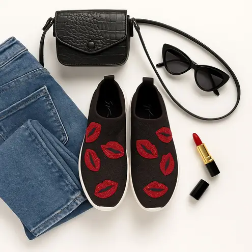 Giuseppe Zanotti Natalie Red Lip Crystal Sneakers Black Glitter Slip-On 36.5 GUC