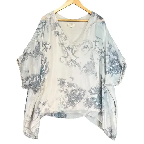 Ambra Italy Floral Print Silk Blend Top Oversized Kaftan Blouse Size L White Size L