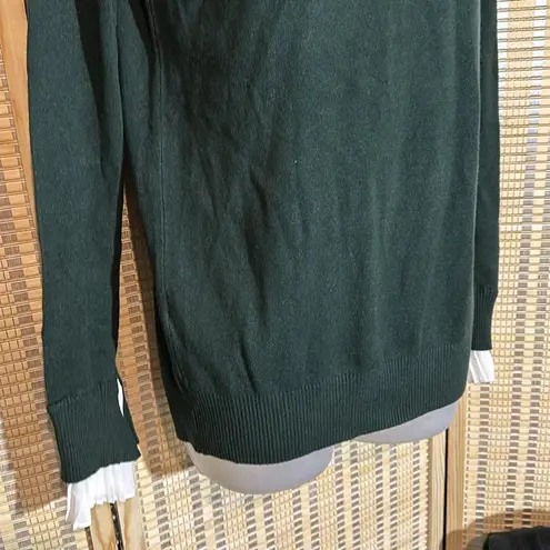 Vila Milano Dark Forest Green Sweater With White Faux Shirt Collar Cuffs Medium