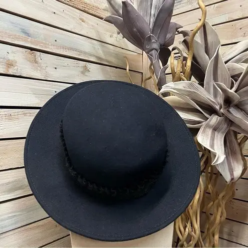 Vintage Nordstrom Italy Wool Black Navy Wide Brim Hat Ribbon Trim Boho Chic M