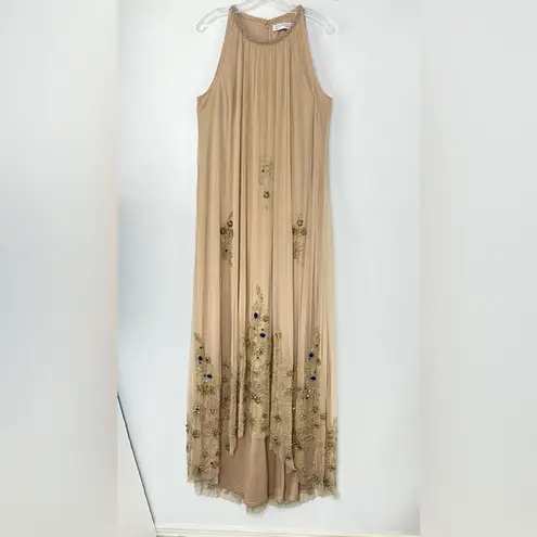 Mac Duggal 9232 High Neck Jewel Hem Embellished Trapeze Nude Gold Gown, Size 14