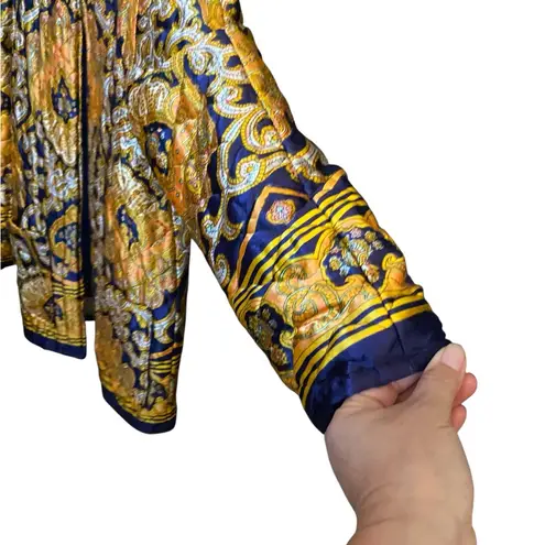 Vintage Satin Quilted Open Blazer Gold & Paisley Statement Jacket Blue Size L