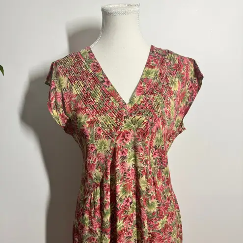 Vtg APRIL CORNELL Dress Women S Floral Beaded Midi Tie Back Boho Cottage Fairy Pink