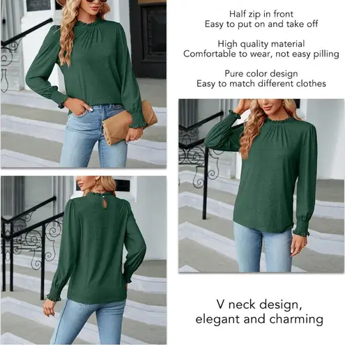 NEW Green Frilled Ruffle Neck Lantern Sleeve Smocked Cuff Blouse Size XL