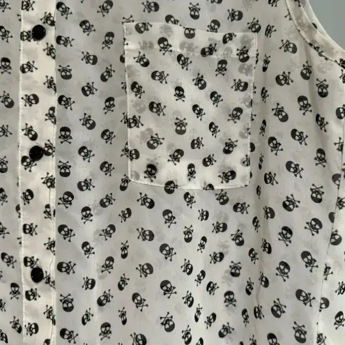 Wishful park  Button Front Skull and Crossbones Print Tie Waist Sheer Top Size L