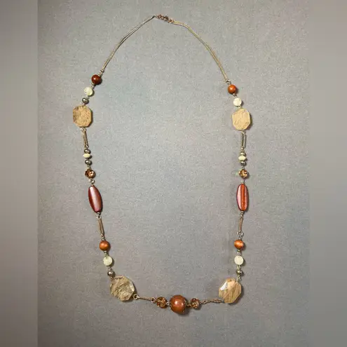 Mixed Media Necklace wood, stone, pearl 20” Long Brown