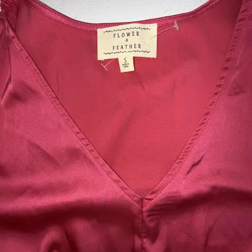 Flower & Feather Pink Silky Designer Preppy Shine Glam Bow Tie Blouse Top Small