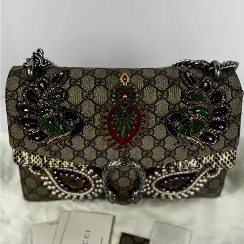 Gucci  GG Supreme Monogram Snakeskin Flower Embroidered Dionysus Shoulder Bag