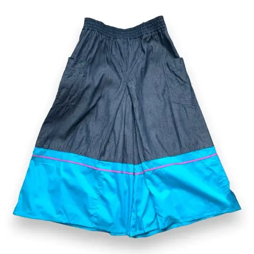 Vintage 90s Southwestern Appliqué Denim Button Up Shirt Gaucho Pants Set Medium Blue