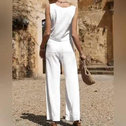 NWT ROYLAMP 2 Piece Outfits Sleeveless Square Neck Tops Wide Leg Pants / Pockets White Size M