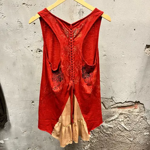 Only Sky Vintage Y2K Red Grunge Cross Graohic Braid Detail Tank Top Large L 00s