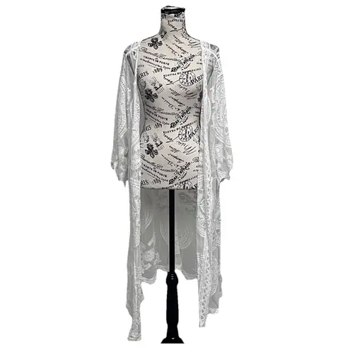 White Sheer Lace Kimono Duster Women’s 1X Boho Festival Beach Cover Up Crochet